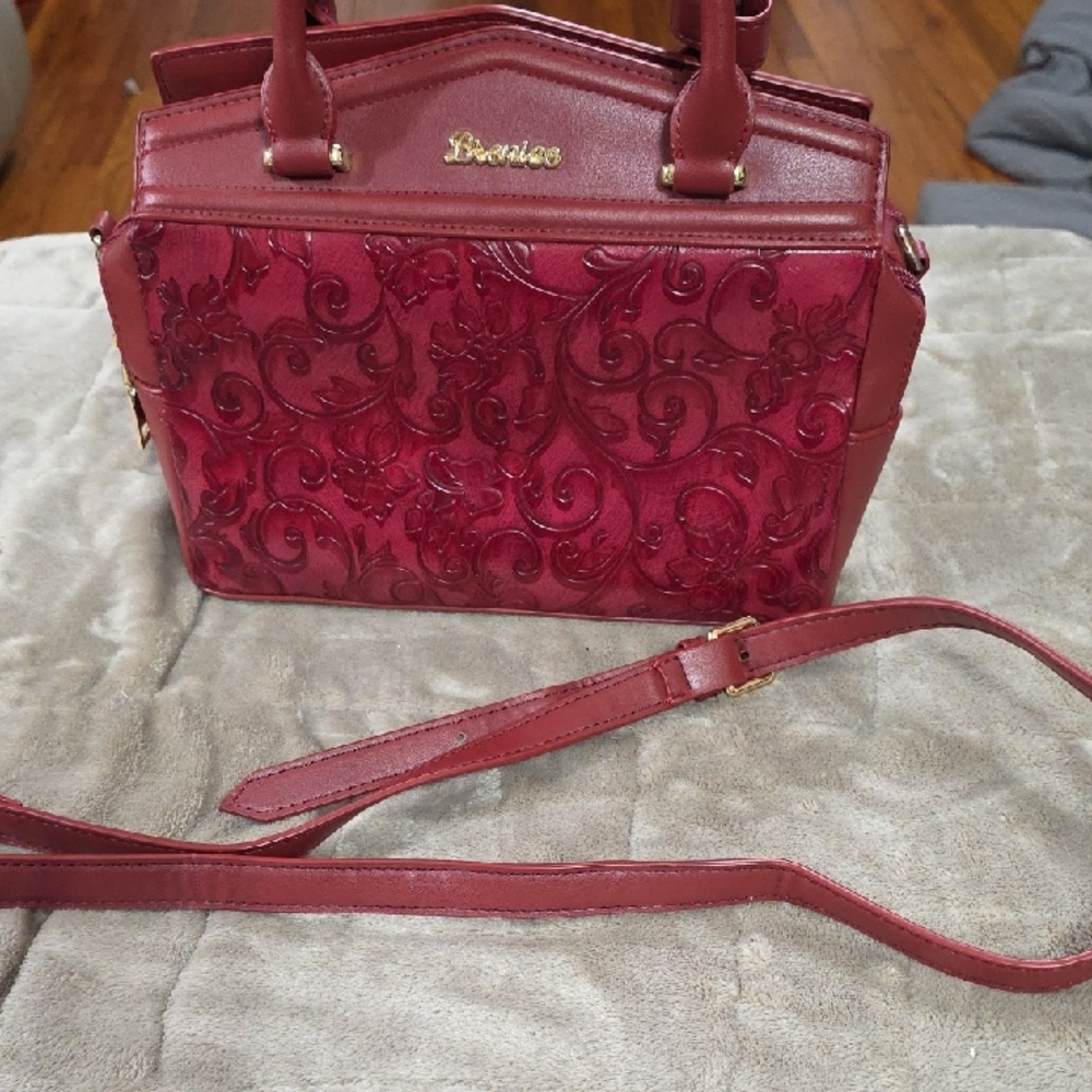 Brenice Crossbody/Hand Bag Purse Burgundy‎ Floral Embossed Leather?? EUC